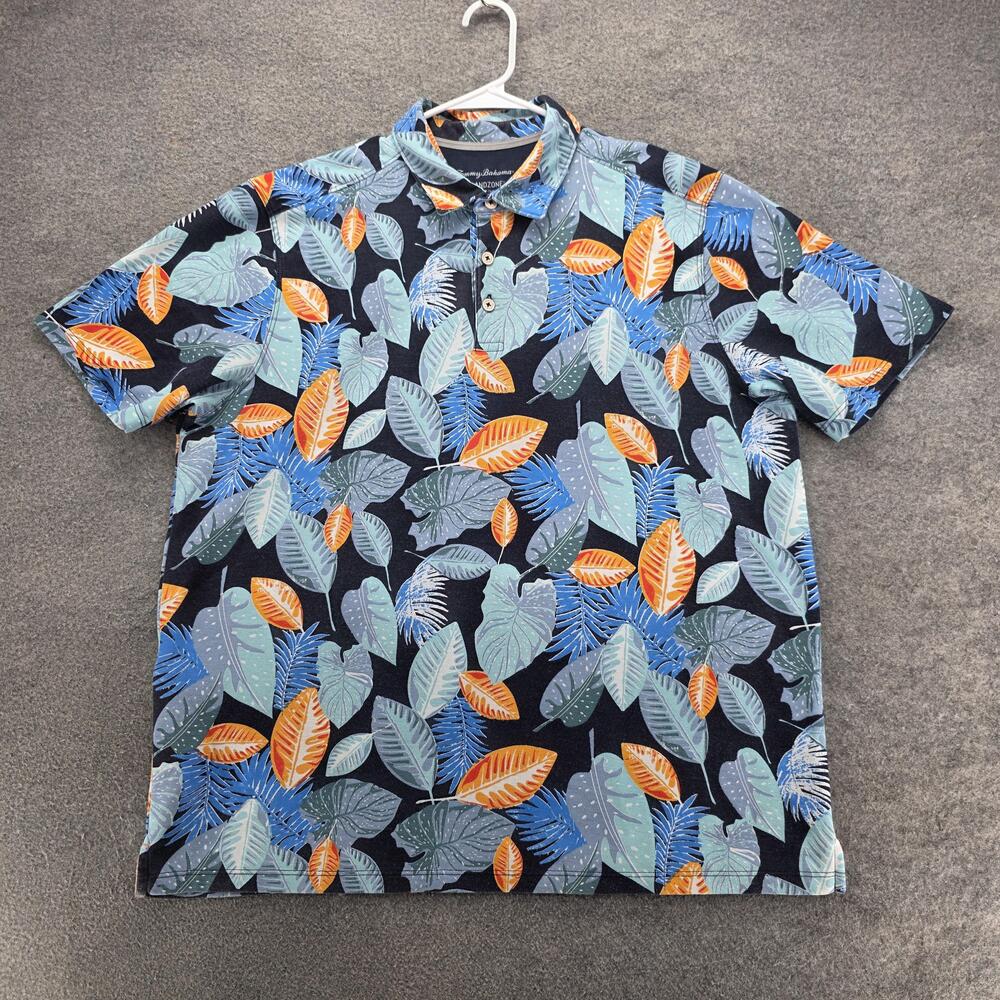Tommy Bahama Shirt Mens XL Blue Orange Leaf Print IslandZone Polo Performance